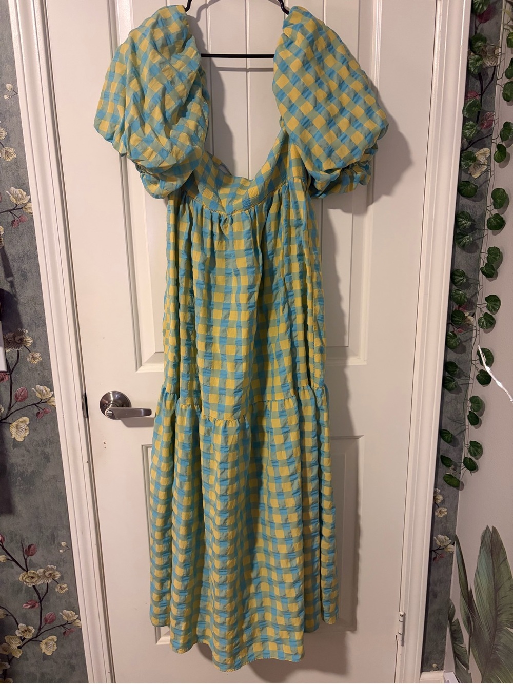 Zara Gingham Checkered Green Yellow Puff-Sleeve Sun Dress L - Picture 5 of 6